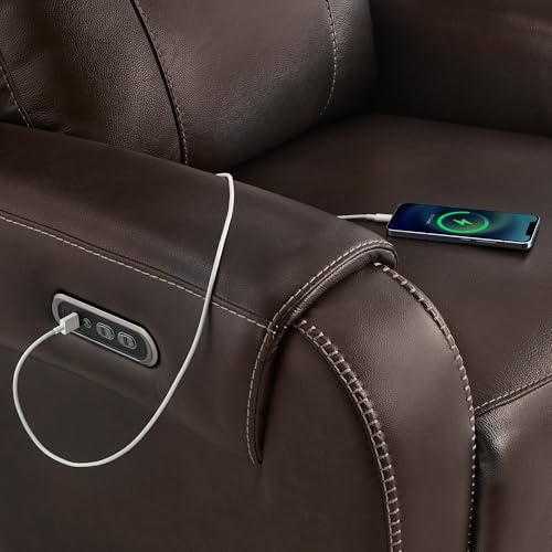 Image of CHITA Genuine Leather Power Recliner Sofa, 3 Seater with Console, Brown