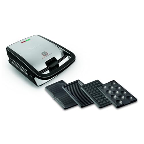Tefal Snack Collection 4-er Set SW854D, Kombigerät, Inklusive 4 antihaftbeschichter Plattensets, Spülmaschinengeeignet, Panini, Waffeln, Sandwich, süße Küchlein, 700W,Schwarz/Edelstahl