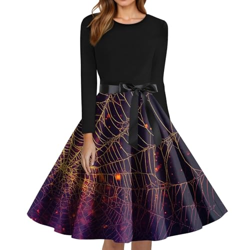Women Halloween Dresses Crew Neck A-line Swing Dress Scary Horror Bat Spider Web Printed Halloween Costumes Dark Purple Large