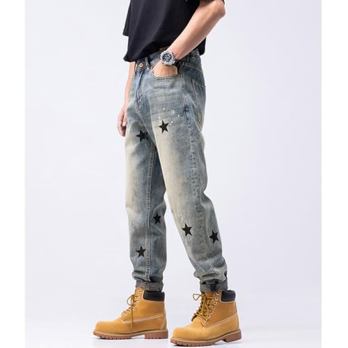Men's Casual Star Printed Loose Fit Jeans Vintage Denim Pants3