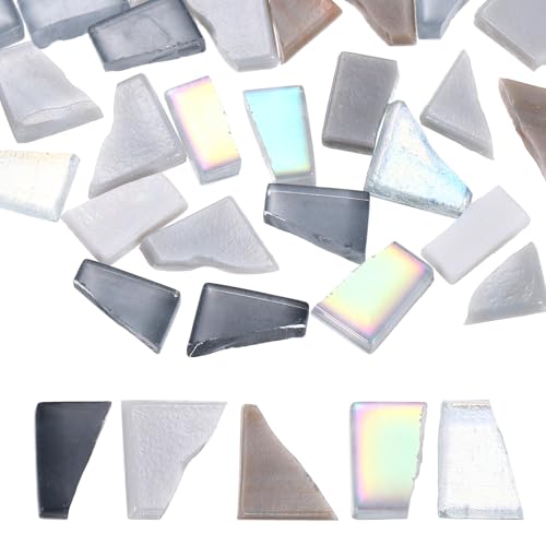 Image of sourcing map Irregular Glass Mosaic Tiles, 100g/0.2LB Irregular Stained Glass Sheets Broken Mosaic Pieces Tiles Supplies Kit Bulk for DIY Art Craft Making Home Decor, White Gray Series