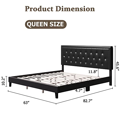 Homhougo Upholstered Platform Bed With Diamond Button Tufted & Nailhead Trim Headboard, Queen Size Bed Frame, Faux Leather, Wood Slats Support, Easy Assembly, No Box Spring Needed #TOP1