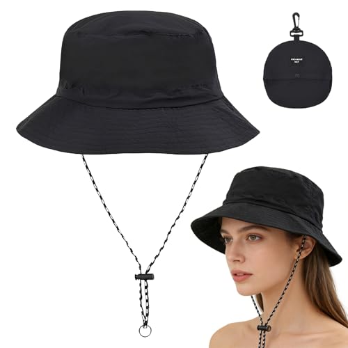BCHMN Bob Chapeau de Soleil Noir pour Homme et Femme, Chapeau de Pêcheur en Coton Respirant, Pliable et Portable pour Été Plage Voyage Randonnée Extérieur