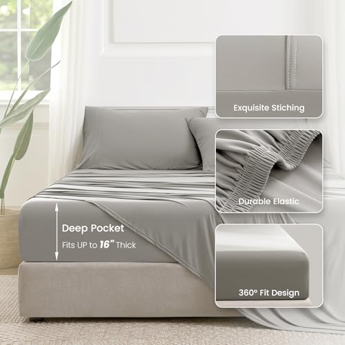 Image of Dream Valley Cooling Sheets King Size, Cooling Fitted Breathable Bed Sheets & Flat Sheet with 2 Pillowcases-4 PCS for Night Sweats & Hot Sleepers, Q-Max >0.45 Aerocool, Deep Pocket 16 inch,Quiet Gray