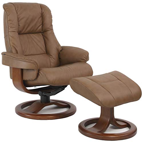 Fjords Loen Large Ergonomic Recliner Chair with Ottoman in Cappuccino NL 128 Nordic Line Leather with a Walnut Wood Stain Base