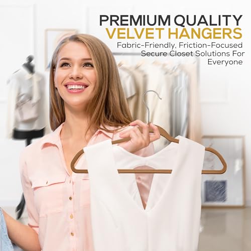 Image of Techzoo 50 Pack New Premium Quality Velvet Hangers Ultra Thin Non Slip Adult Felt Space Saving Hangers for Closet Heavy Duty Coat Pants Jackets Dress Hangers 360 Swivel Hook Hold Upto 10 lbs Bronze