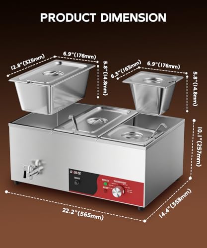 DULNICE 4-Pan Commercial Food Warmer, 1500W Stainless Steel Bain Marie with Anti-Dry Burn and Reset Button, Countertop Soup Warmer with Drain Tap, Soup Spoon for Buffet, Catering, Parties, Restaurants