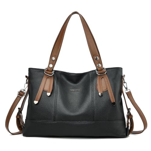 Bolsa Feminina Tote de Couro Macio | Ombro e Transversal, Grande Capacidade, Alça Removível(Preto)