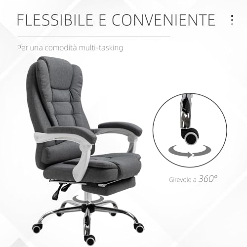 Sedia da Ufficio Ergonomica Reclinabile con Poggiapiedi Retrattile, Poltrona da Ufficio Girevole con Altezza Regolabile, Schienale Alto e Braccioli, in Tessuto, Grigio - Sedia gaming - Immagine 6