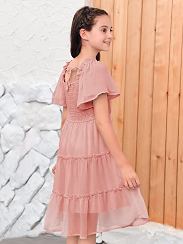Kingdenergy Girls Summer Chiffon Casual Dress Square Neck Ruffle Short Sleeve Frilly Smocked Elastic Ruffle Hem Tulle Dresses Pink #TOP4