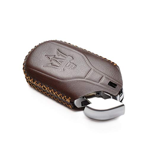 Image of Vitodeco Genuine Leather Smart Key Fob Case Cover Protector with Key Chain Clip - Compatible for Maserati Ghibli, Levante, Quattroporte - Light Button, Brown