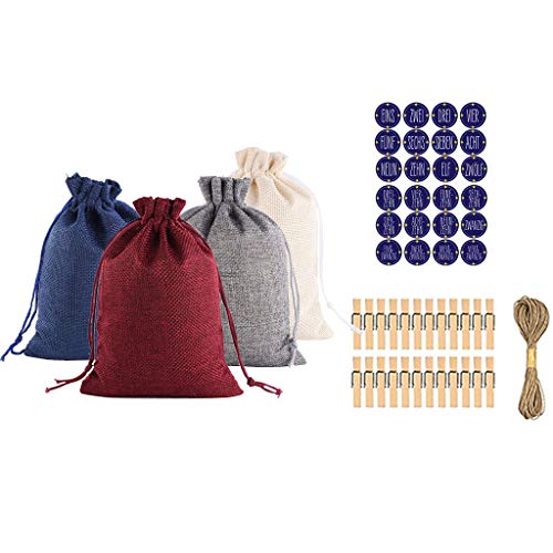 24 Stücke Weihnachts Geschenkbeutel mit Kordelzug, Leinen Gift Drawstring Bags Candy Tüten Rot Rentier Weihnachtsgeschenk Geschenk Paket Süßigkeiten