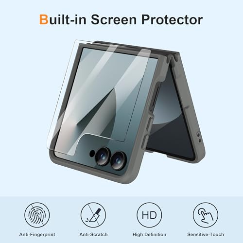 Image of ORETECH Magnetic for Samsung Galaxy Z Flip 7 Case, with [2 x Screen Protector] Translucent Back Non-Slip Hard PC Shockproof Bumper Protective Case for Samsung Z Flip 7 - Grey