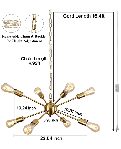 Lasenchoo 8 Lights Plug In Chandelier, Hanging Lights With Plug In Cord 16.4Ft & Switch, Plug In Pendant Light Gold Chandeliers For Living Room Bedroom Dining Room, Outdoor Chandeliers For Gazebo #TOP6