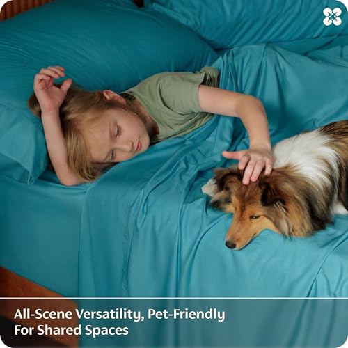 Image of Bedsure California King Sheet Sets, Cooling Sheets, Rayon Derived from Bamboo, PureWoven, Breathable & Soft, Deep Pocket Up to 16 Inches, Hotel Luxury Silky Bedding for Hot Sleepers, Turquoise