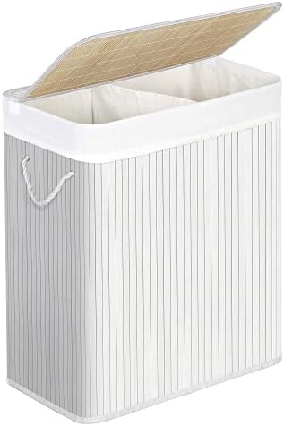 SONGMICS Kosz na bieliznę z pokrywką, bambusowa pościel, 2 przegródki do sortowania, wyjmowana torba, uchwyty bawełniane, pojemność 100 l, do pralni, sypialni, brązowy LCB72Z