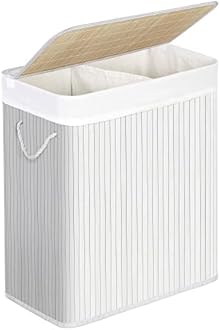SONGMICS - Laundry Basket with Lid - Bamboo Laundry Basket with 2 Sorting Compartments, Removable Bag, Cotton Handles - Volume 100L, for Laundry Room, Bedroom - White -LCB64WT