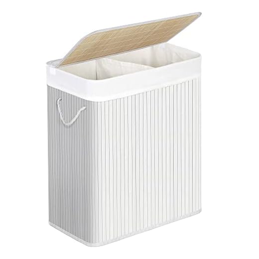 SONGMICS tvättkorg av bambu, tvättkorg med 2 fack, tvättmaskin med lock och avtagbar tvättpåse, bomullshandtag, 100 l tvättlåda, vit LCB64WT