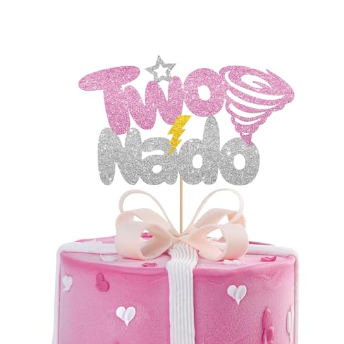 Twonado Cake Topper, Tornado 2nd Birthday Cake Topper, Lightning/Tornado Baby Girl Two Years Old Cake Decor, Two Nado Birthday Party Supplies Decoration - Sliver & Pink Glitter