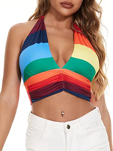 Ovokcina Womens Rainbow Stripe Sleeveless Halter Ribbed Tank Backless Pride Crop Top Colorful Shirts 70s Tops M