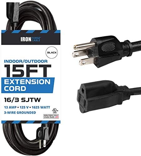 Iron Forge Cable 15 Ft Outdoor Extension Cord - 16/3 Durable Black Cable with 3 Prong Grounded Plug for Safety
