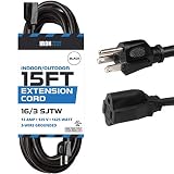 Iron Forge Cable 15 Ft Outdoor Extension Cord - 16/3 Durable Black Cable with 3 Prong Grounded Plug