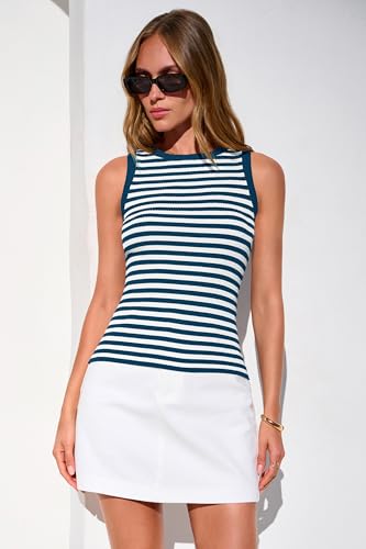 Image of PRETTYGARDEN Summer High Neck Striped Tank Tops for Women Casual Sleeveless Sweaters Basic Ribbed Knit Slim Fitted Shirts