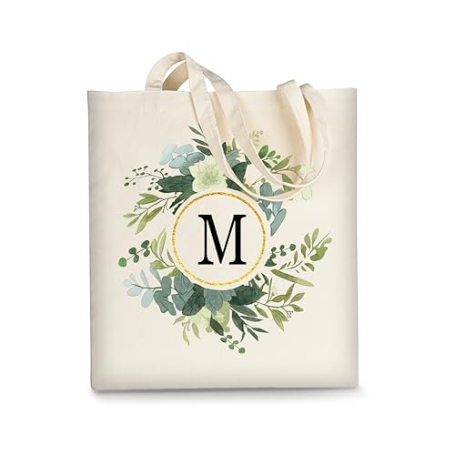 AUSVKAI Canvas Tote Bag for Women, Cute Leaf Personalized Initial Birthday Reusable Cotton Bags for Grocery-M