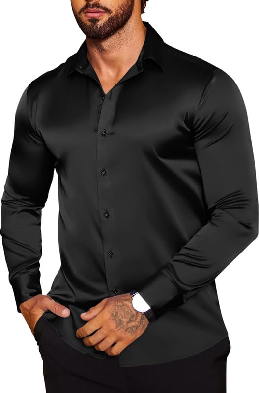 Men’s Satin Formal Shirt for Party and Office Wear | Long Sleeve Slim Fit Shiny Dress Shirt for Wedding Business Event Dinner with Spread Collar
