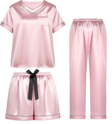 Image of 3 Piece Silk Satin Pajamas Set for Women Soft Short Sleeve Christmas Pjs Silky V Neck Sleepwear with Top Shorts and Pants,Pink,M