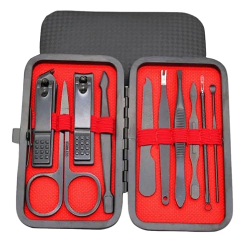 10-Piece Nail Clippers Manicure Tool Set with Portable Travel Case - Professional Cutting Kit, Black Stainless Steel & Carbon Steel, Leather Case with Red Lining