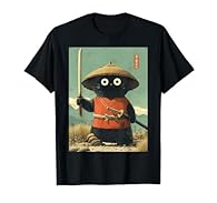 Vintage Japanese cat samurai anime graphic tee, funny cute kawaii black cat warrior with katana, manga illustration, martial arts theme, novelty shirt for cat dad, cat lovers, anime fans, gamers gift Cute kawaii black samurai cat raising katana in ba...