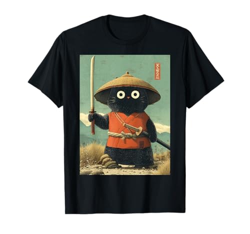 Vintage Japanese Cat Samurai Sumi-e Art Katana Warrior Anime T-Shirt