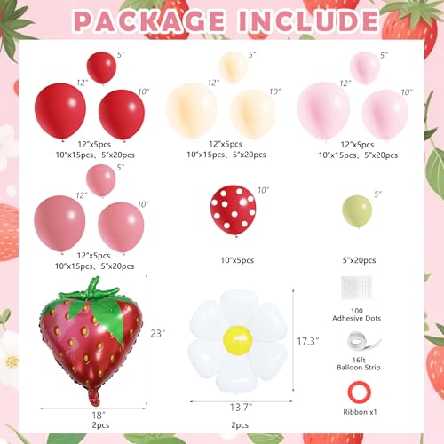 Image of JOGAMS 196Pcs Strawberry Balloon Arch Garland Kit with Dusty Pink Beige Daisy Flower Strawberry Foil Red Polka Dot Balloons for Berry First Sweet One Strawberry Birthday Baby Shower Party Decorations