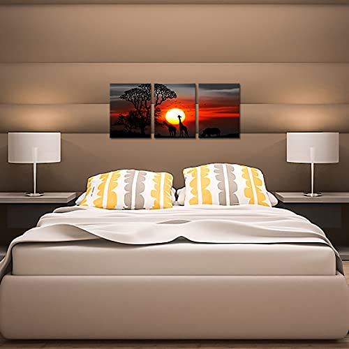 Fushvre African Animal Wall Art Giraffe At Sunset Paintings On Canvas Prints Set Of 3 Black And Red Nature Landscape Artwork Pictures For Home Living Room Bedroom Decor Framed Ready To Hang #TOP3