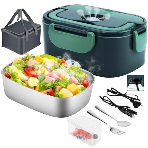 Gentre Lunch Box Scaldavivande Elettrico Portatile 4 in 1 per Auto Camion e Ufficio 12V/24V/110V/220V 1.5L 60W Porta Pranzo in Acciaio Inox, Scomparti, Forchetta Cucchiaio e Borsa Per il Trasporto