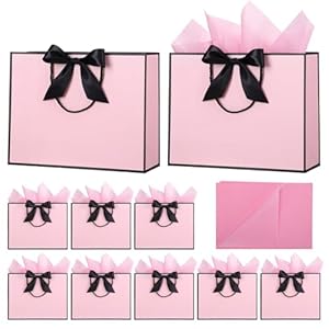 10 Pcs Black Pink Gift Bags Medium with 10 Tissue Paper Handles Bow Ribbon Multipack Presents Paper Gift bags for Wedding Baby Shower Bridesmaid Party