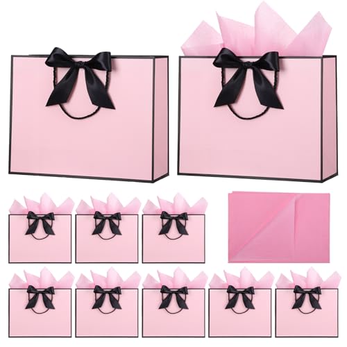 10 Pack Large Gift Bags with Handles Tissue Paper & Ribbon Party Bags Pink