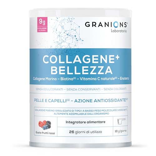 GRANIONS | Collagene Marino con Acido Ialuronico + BELLEZZA, 9g Collagene in Polvere - 320 mg Vitamina C Naturale, Biotina e Enotera - Pelle Idratata e Capelli Forti - Aroma Naturale Frutti Rossi 260g