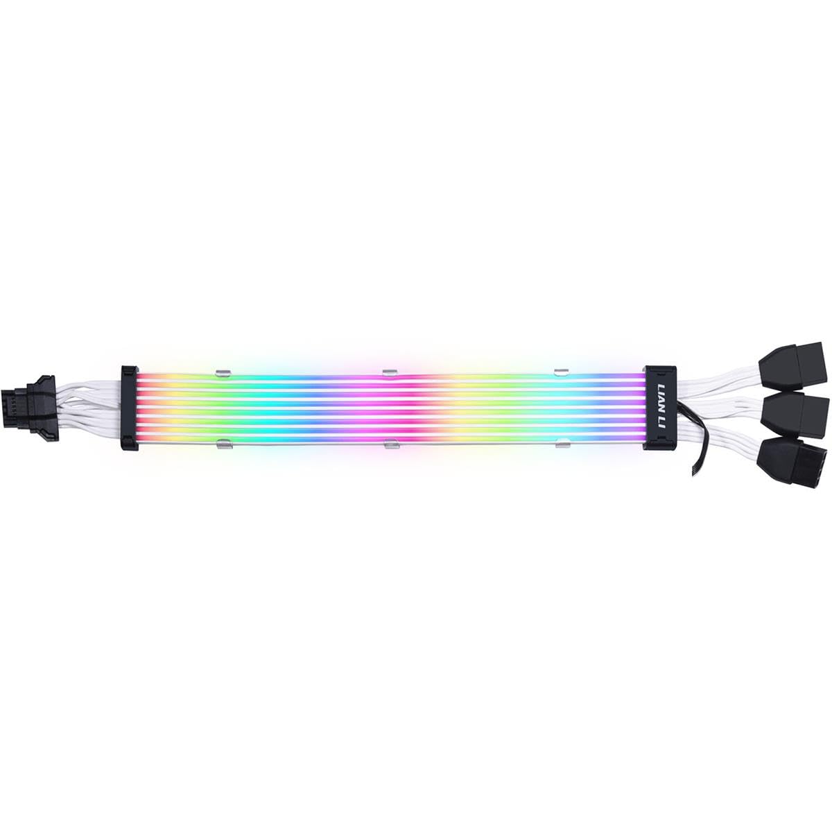 Lian Li Strimer Plus V2 PW168-8PV2 Power Extension Cable, showing the full length of the cable with RGB lighting and connectors.