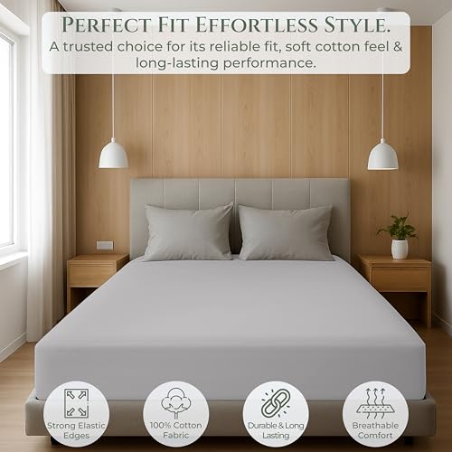Image of Royale Linens 100% Organic Cotton Full Fitted Sheet Only - Percale Weave - Super Soft Deep Pocket Bottom Sheets - Silver Elastic Sheet - Full Size Fitted Sheets Only - (54 inchx75 inch+15 inch, Silver)
