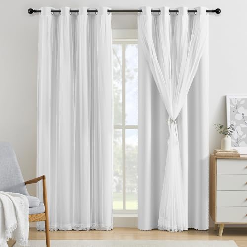 Image of XiDi 100% Blackout White Curtains with Sheer Overlay 84 Inches Long Double Layer Curtains for Living Room Girls Kids Bedroom Light Blocking Thermal Insulated Drapes Grommet Set of 2 White 34W x 84L
