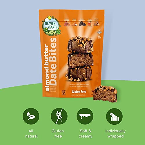 Heaven & Earth Gluten Free Chocolate Covered Almond Butter Date Bite Truffles with Hazelnut Croquet 5.25oz (2 Pack), All Natural, Individually Wrapped Date Snack, Kosher (Including Passover)