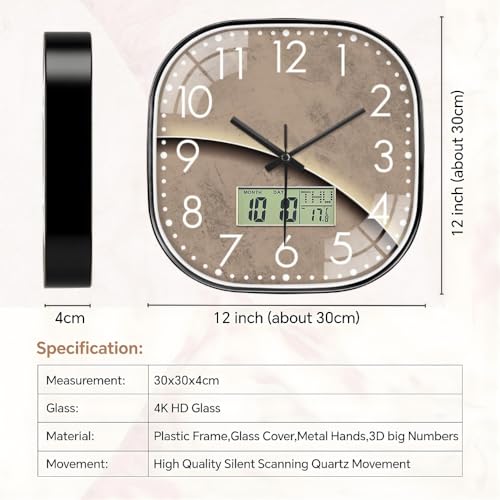 Image of Ash & Roh 12 Inch Silent Quatrz and Non-Ticking Wall Clock with Easy to Read Number and Analog Display Stylish & Decorative Design for Office, Living Room, Bedroom (Venus Digital Square)