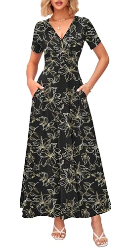 Image of WNEEDU Women's Summer Maxi Dress Short Sleeves Wrap V Neck Long Dresses with Pockets