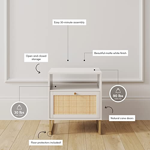 Nathan James Mina Side, End Or Accent Table With Natural Rattan Storage Door For Living Room Or Nightstand For Bedroom, White/Gold #TOP3