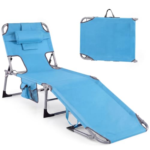 Tangkula Tanning Chair with Face Hole, Patio Folding Adjustable Reclining Beach Sunbathing Lounge Chair with Side Pocket, Portable Face Down Chaise Lounge for Outdoor Backyard Poolside (1)