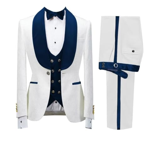 Wangyue Men's Floral Tuxedo Navy Blue and White Suits for