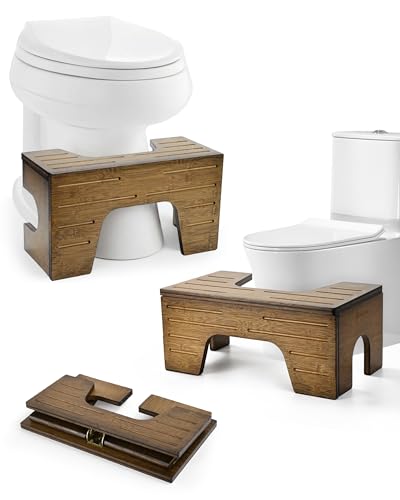 StrongTek Foldable Toilet Stool 2-Level Bamboo Squatting Stool for Improved Posture Adjustable 7 & 9 Inch Height Bathroom Poop Stool Non-Slip Design for Adults and Kids 300lb Load - Dark Walnut