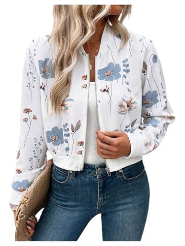 OYOANGLE Women's Bomber Jacket Floral Print Zip Up Long Sleeve Cropped Jackets Outerwear